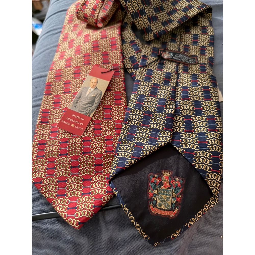 Paolo Gucci Mens Silk Tie Red Navy Blue Gold Chain Link Geometric Vintage NWT